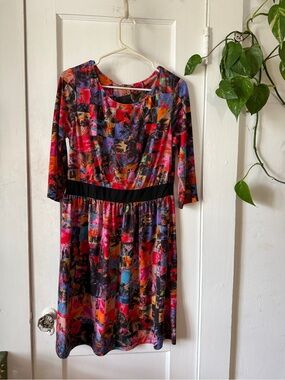 Colorful Abstract Print Dress with Black Waistband TRISTE size 0X